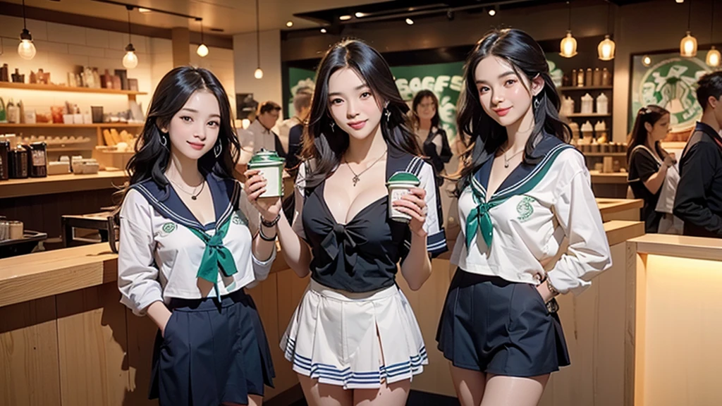 8K、RAW Photos、Highest quality、Super detailed、Super Resolution、Ultra HD、8K壁紙、Amazing details
(((Inside the Starbucks store、16 year old high school girl in sailor suit)))、Eat cake、Drink coffee、smile、Heart Necklace((Emphasize cleavage))
(Full body photo)
