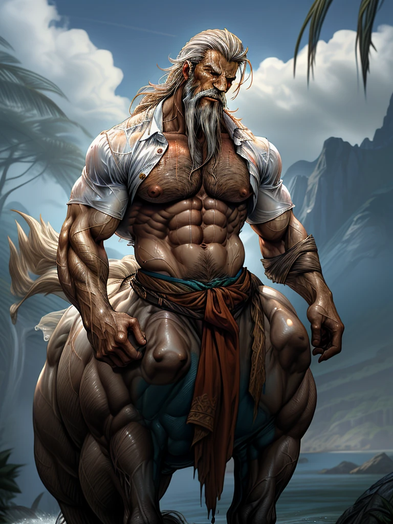 male character dressed up in a fancy outfit riding a huge horse into the water, 1man, middle-aged, centaur, taur, solo, male focus, wet clothes, wet, bara, shirt, abs, muscular, nipples, muscular male, open shirt, wet shirt, pectorals, penis, facial hair, open clothes, mature male, garibaldi beard, outdoors, large pectorals, navel, water, white shirt, beach, monster boy, chest hair, sky
