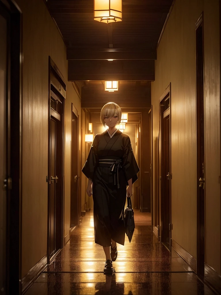 ((Inside the dark lighting,Inside the Japanese hotel’s corridors,inside the dim corridor)),((outside the night city is burning)),one woman,20 years old woman,she’s wearing army style clothes,short blonde hair,she’s walking the corridor