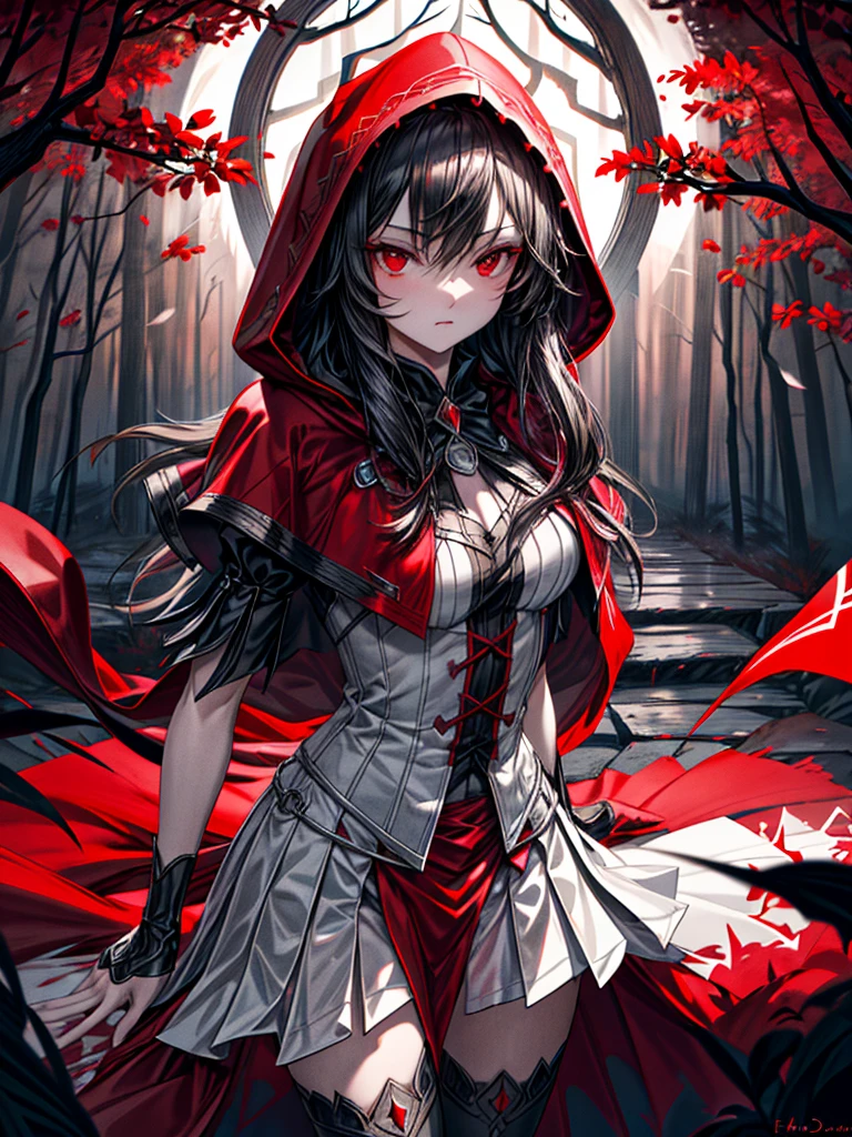 (best quality,4k,highres,masterpiece:1.2),ultra-detailed,realistic:1.37,portrait,dark fantasy,red color scheme,soft lighting,emotional,enchanted forest,ominous atmosphere,eye-catching,storytelling,anatomy,anime style,concept art,beautiful detailed face and (((RED EYES ))),flowing hair,expressive emotions,detailed jewelry,cape with intricate patterns,intense gaze,feathered details on the cape,subtle shadows,dynamic pose,epic composition,mysterious background,natural elements,moonlit night,wind blowing through the trees,eerie presence,revealing the character's strength and vulnerability,striking contrast between the red cape and surroundings,engaging narrative,rich textures,depth and dimension,putting emphasis on the character's allure and resilience. (((RED RIDING HOOD)))