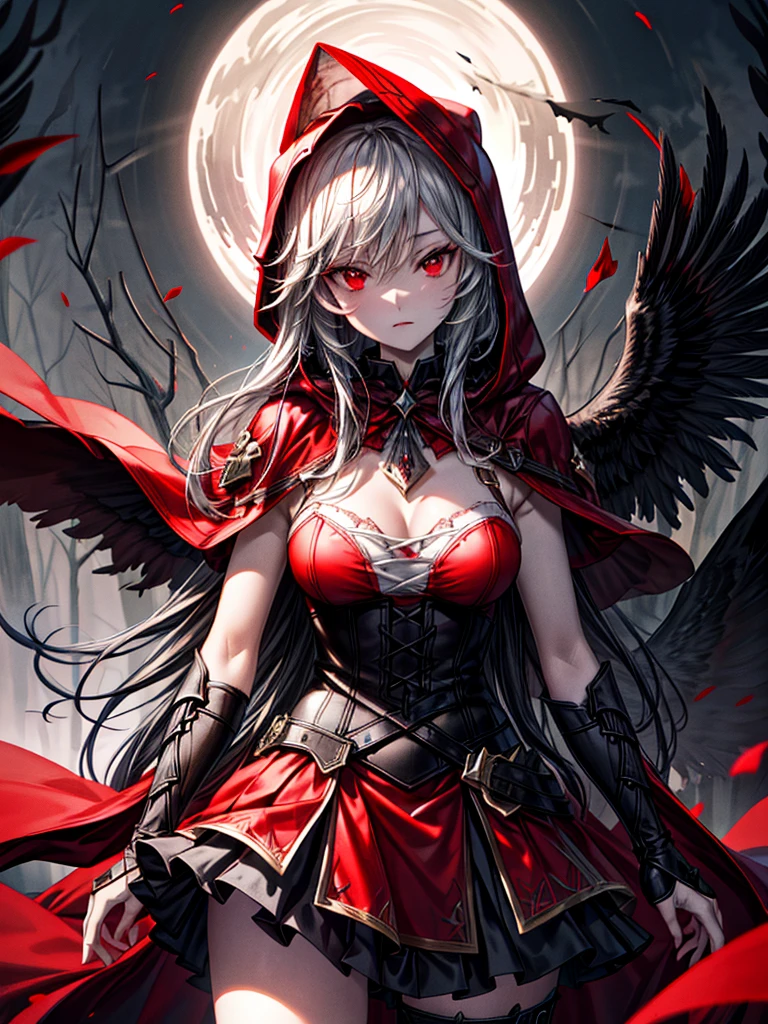 (best quality,4k,highres,masterpiece:1.2),ultra-detailed,realistic:1.37,portrait,dark fantasy,red color scheme,soft lighting,emotional,enchanted forest,ominous atmosphere,eye-catching,storytelling,anatomy,anime style,concept art,beautiful detailed face and (((RED EYES ))),flowing hair,expressive emotions,detailed jewelry,cape with intricate patterns,intense gaze,feathered details on the cape,subtle shadows,dynamic pose,epic composition,mysterious background,natural elements,moonlit night,wind blowing through the trees,eerie presence,revealing the character's strength and vulnerability,striking contrast between the red cape and surroundings,engaging narrative,rich textures,depth and dimension,putting emphasis on the character's allure and resilience. (((RED RIDING HOOD)))