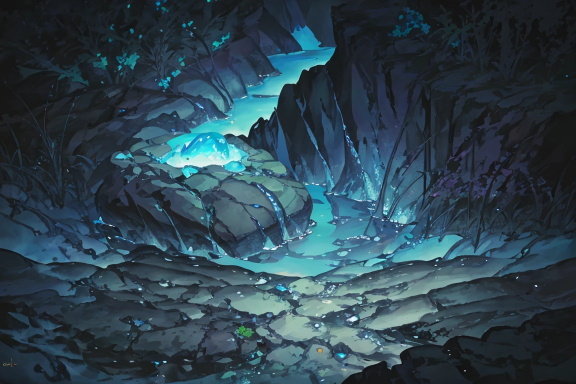 summer, blue lava rock area, blue lava rock, (illustration : 1.0), Narrative construction, realistic lighting, HD detail, masterpiece, best quality best, (Highly detailed CG integrated 8k wallpaper), wide and flat rocky area, small, sharp, rough rock at top of screen., Blue liquid flowing through a crevice in the rock,