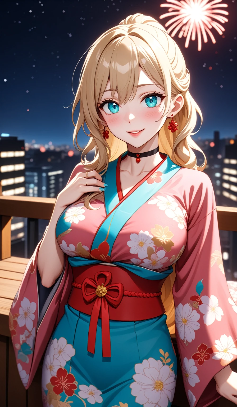((One personの女性)), Beautiful Face, Laughing embarrassedly, (naughty face:1.2), Laughing with your mouth open,((Bright red cheeks:1.4)),Glossy Red Lips,Night view,rooftop, firework,Face glows in the light, ((Anime style background)),masterpiece, Highest quality, so beautiful,up to date, Complex details, (Pink long nails),(ring),(bracelet),(choker),AI-generated, Complex,High resolution, Highest quality, super high quality,3D Images、3D Images,One person,Long blonde hair,ponytail, wavy hair ,Anime woman posing for a photo, ((Fine grain、Turquoise Eyes、Shining Eyes:1.3)), (Squint your eyes:1.1),a hyperRealistic , hyperRealistic , Realistic,Anime woman with long white hair, Smooth anime CG art, A woman in a colorful kimono with gold embroidery, (Pink long sleeve kimono),Red floral pattern,Long flower hair ornament,Earrings,Mature Body,(Big Breasts:1.1),Tall,Abdominal muscles,Tight waist,(Zoom up to face:1.3), (front view),