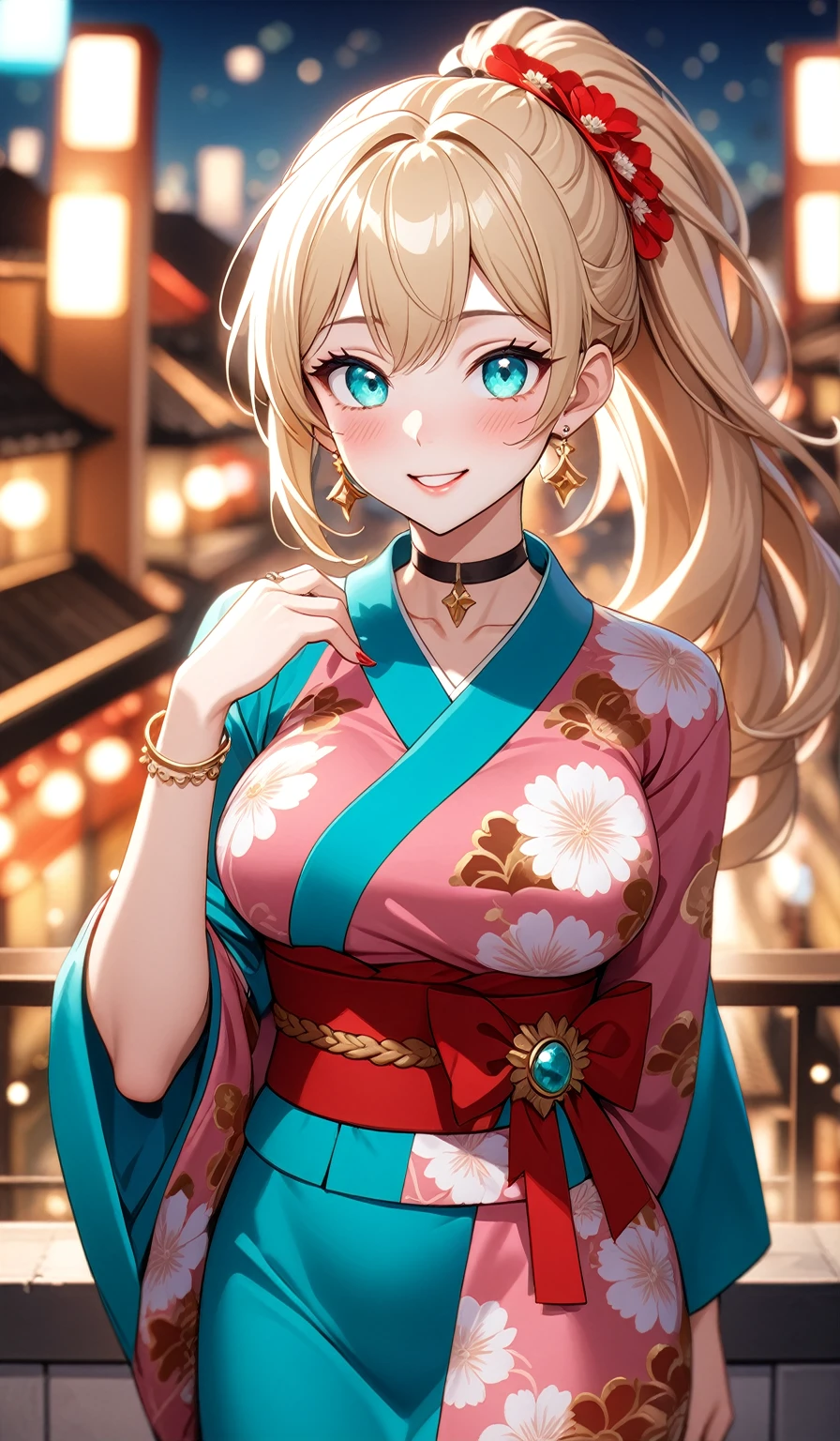 ((One personの女性)), Beautiful Face, Laughing embarrassedly, (naughty face:1.2), Laughing with your mouth open,((Bright red cheeks:1.4)),Glossy Red Lips,Night view,rooftop, firework,Face glows in the light, ((Anime style background)),masterpiece, Highest quality, so beautiful,up to date, Complex details, (Pink long nails),(ring),(bracelet),(choker),AI-generated, Complex,High resolution, Highest quality, super high quality,3D Images、3D Images,One person,Long blonde hair,ponytail, wavy hair ,Anime woman posing for a photo, ((Fine grain、Turquoise Eyes、Shining Eyes:1.3)), (Squint your eyes:1.1),a hyperRealistic , hyperRealistic , Realistic,Anime woman with long white hair, Smooth anime CG art, A woman in a colorful kimono with gold embroidery, (Pink long sleeve kimono),Red floral pattern,Long flower hair ornament,Earrings,Mature Body,(Big Breasts:1.1),Tall,Abdominal muscles,Tight waist,(Zoom up to face:1.3), (front view),