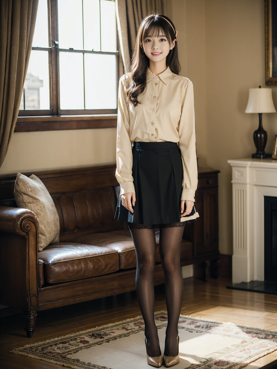 Very cute and beautiful girl,(Very detailed美しい顔),(smile),blush,Cowboy Shot, (White cut and sew),Long sleeve BREAK standing,Skirt Lift,(Black panties), Hair Ribbon,Black Hair,(Beige mini skirt,Thick black pantyhose、High heels) BREAK antique living room,Victorian luxury furniture,window,Distant Tree々, (Highest quality,masterpiece:1.2),Absurd,High resolution,Super detailed,Very detailed,32k,8K resolution, Intricate details,Movie Scenes,Detailed Background,alone,Dynamic Angle,