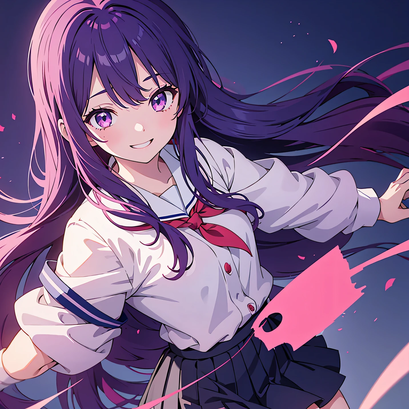 Anime Style, girl, Joshikousei, pink school outfit, Red ribbon, Long Hair, Dark blue hair, Violet eyes, smile, happy, Oshi no ko Style, highSchool background, HD, beautiful, very neat