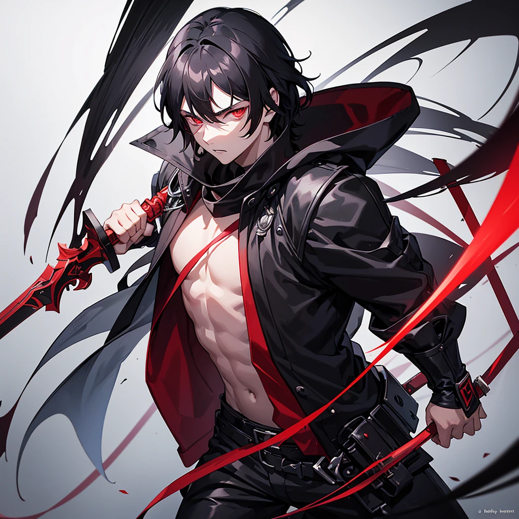 A age boy full of hatred, with black hair and scarlet eyes, holding the hilt of a sword with a black blade covered in eyes the same color as the boy's eyes.