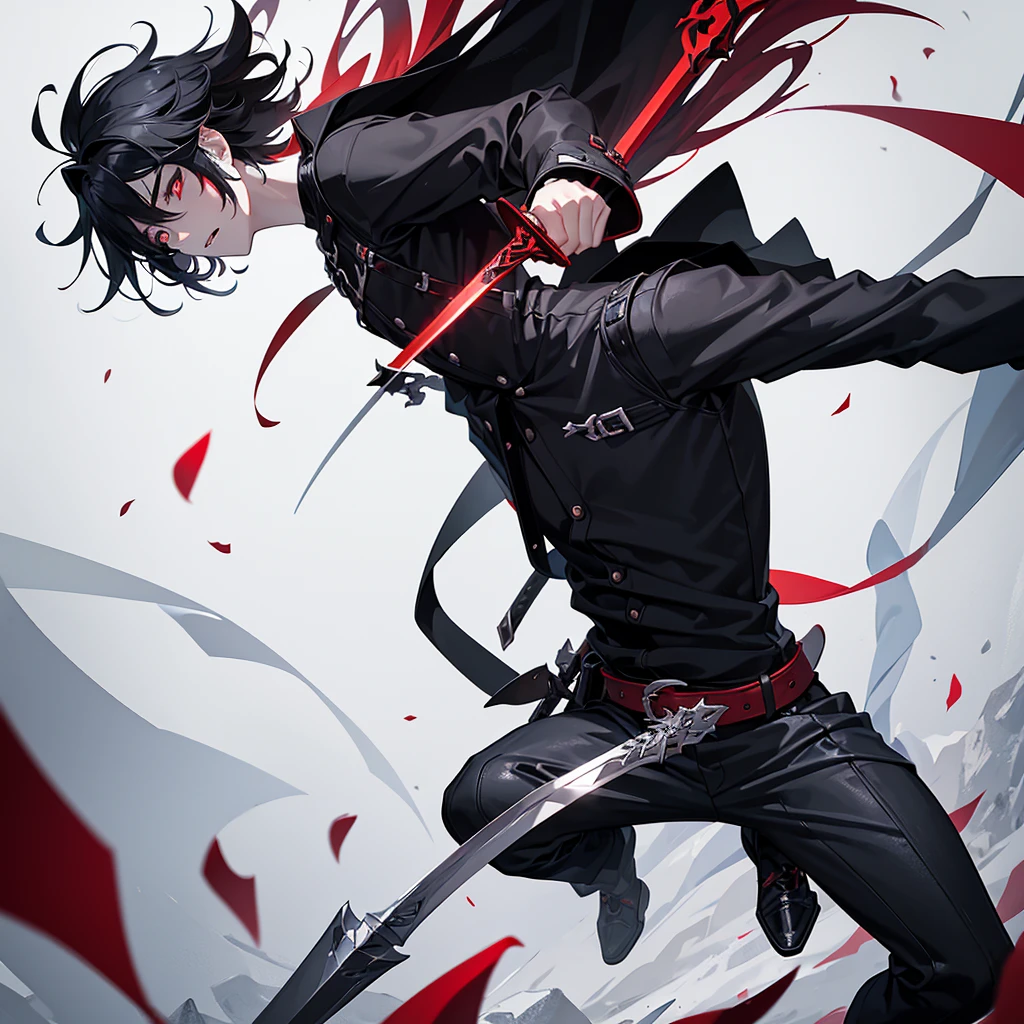 A man with black hair and red eyes who has a crossbow strapped to his right wrist and the man must look combative