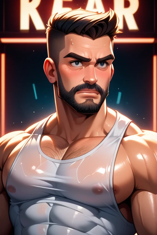 45 year old man(cobalt eyes; salt-and-pepper crew cut; epic jawline; rough; rugged; muscular and imposing; incredible beard; masculine; round-faced, Kurt Russell), Disney-style cgi, futuristic; dystopian; best quality; high detail; trending on artstation; complex volumetric lighting; grungy white tank top; 80s action hero; sweaty; grimy; upper body shot; cop who plays by his own rules; holding a blaster in a neon-lit bar