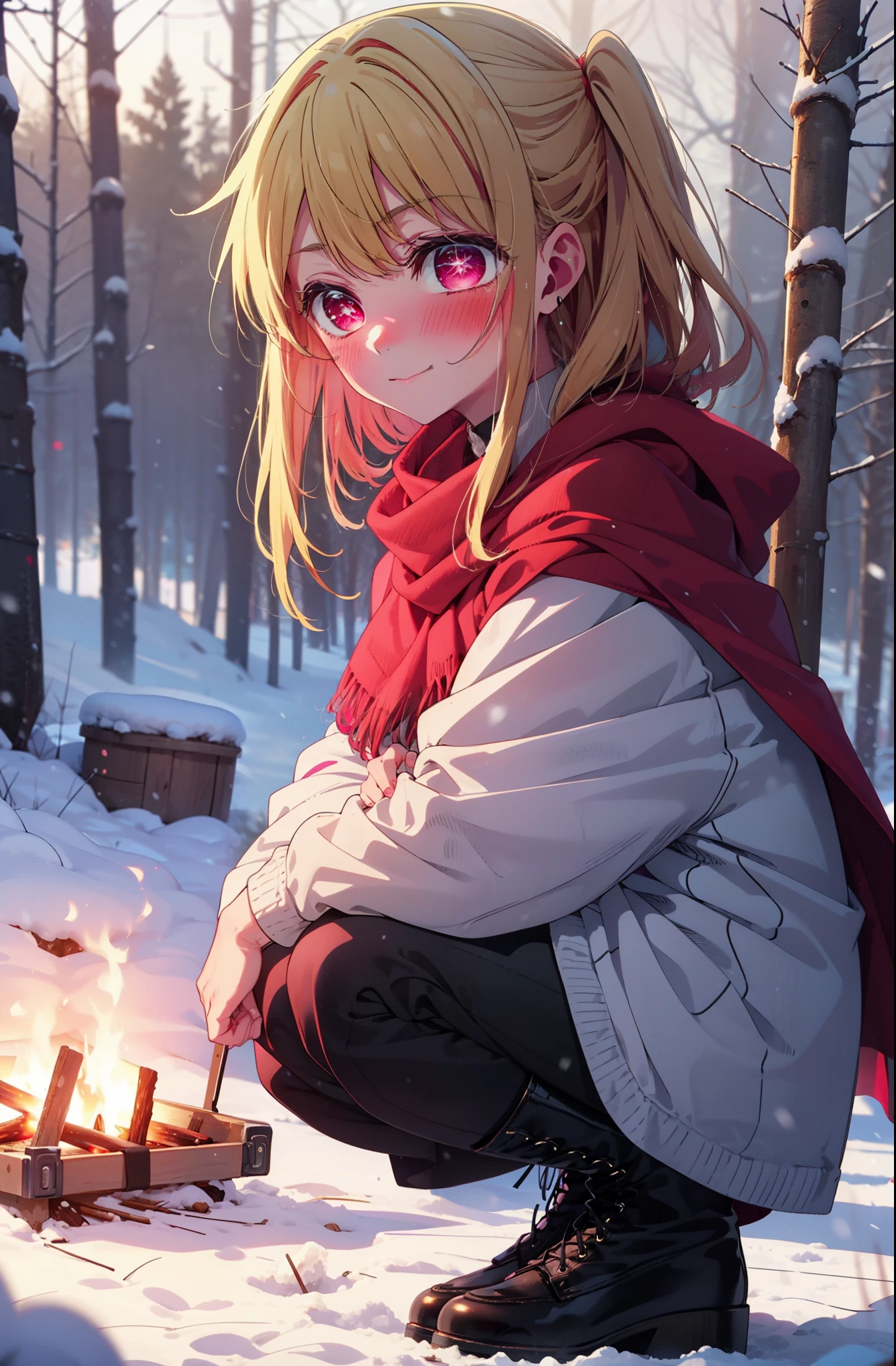 rubyhoshino, Hoshino Ruby, Long Hair, bangs, Blonde, (Pink Eyes:1.3), Side Lock, (Symbol-shaped pupil:1.5), Multicolored Hair, Two-tone hair, smile,,smile,blush,White Breath,
Open your mouth,snow,Ground bonfire, Outdoor, boots, snowing, From the side, wood, suitcase, Cape, Blurred, , forest, White handbag, nature,  Squat, Mouth closed, Cape, winter, Written boundary depth, Black shoes, red Cape break looking at viewer, Upper Body, whole body, break Outdoor, forest, nature, break (masterpiece:1.2), Highest quality, High resolution, unity 8k wallpaper, (shape:0.8), (Beautiful and beautiful eyes:1.6), Highly detailed face, Perfect lighting, Highly detailed CG, (Perfect hands, Perfect Anatomy),