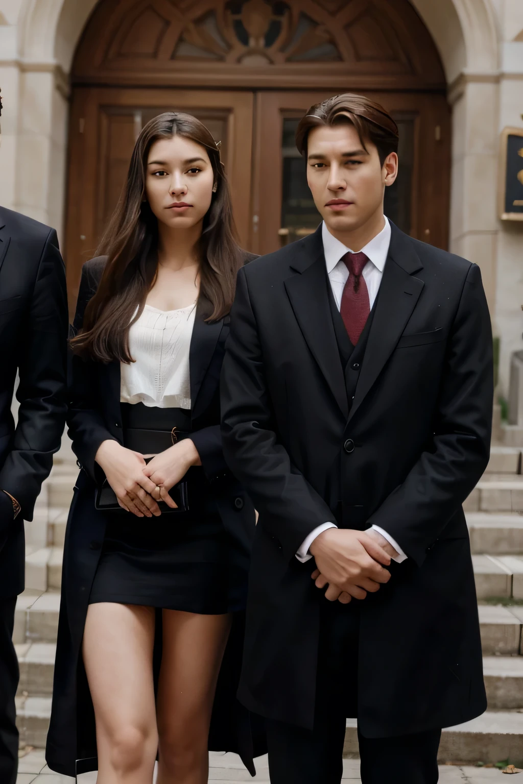 Heirs listen to the will, Two men, one woman and a lawyer, all of European appearance