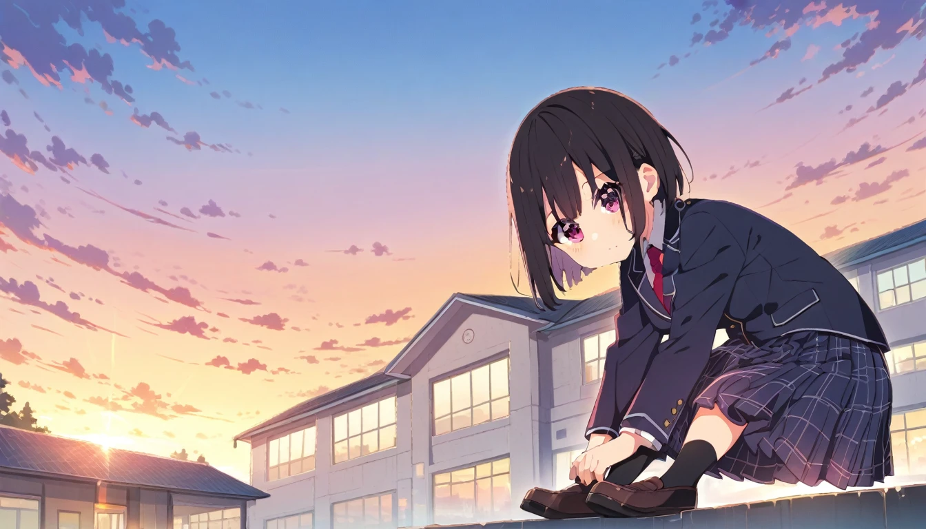 A girl in a blazer uniform, with short black hair, a checkered skirt and brown loafers, doing a handstand from head to toe、In front of the school building at dusk