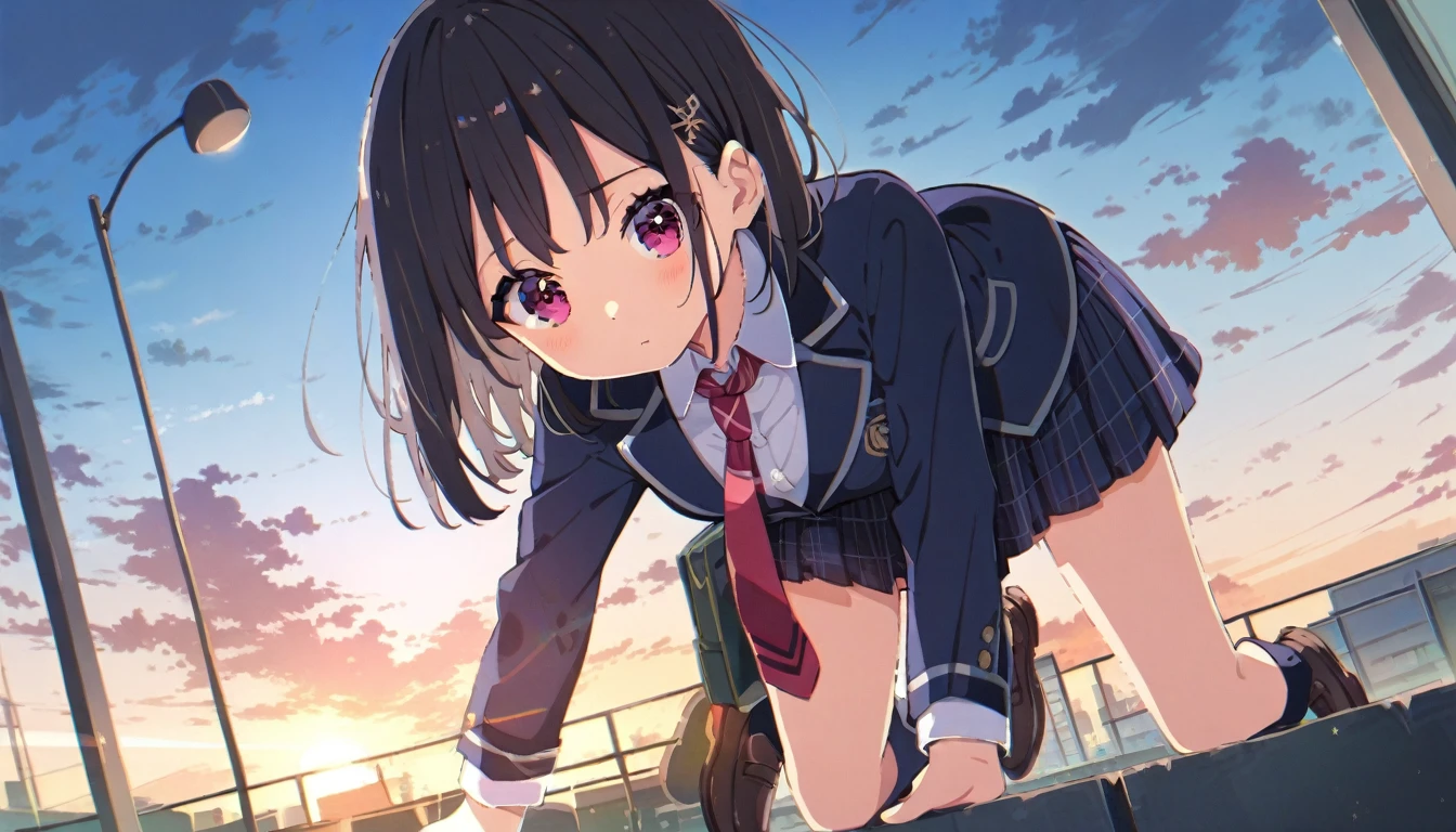 A girl in a blazer uniform, with short black hair, a checkered skirt and brown loafers, doing a handstand from head to toe、In front of the school building at dusk