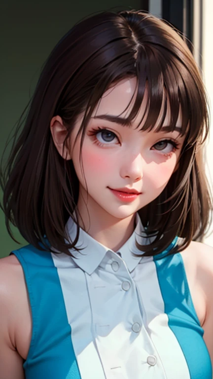 blush a little and smile, (Top quality masterpiece:1.2) Delicate illustrations, Very detailed, /Beautiful Japanese Women、1 person,Very cute and slim、Great style 、((8K images、super high quality))、Very delicate face, Skin and Hair、beautifule forehead、Red lipstick、(((((Mid-length hair、Brown Hair))))),Very cute Japanese cut face、Eyes and nose are clearly visible、Kind eyes,((((Sleeveless fashion))))