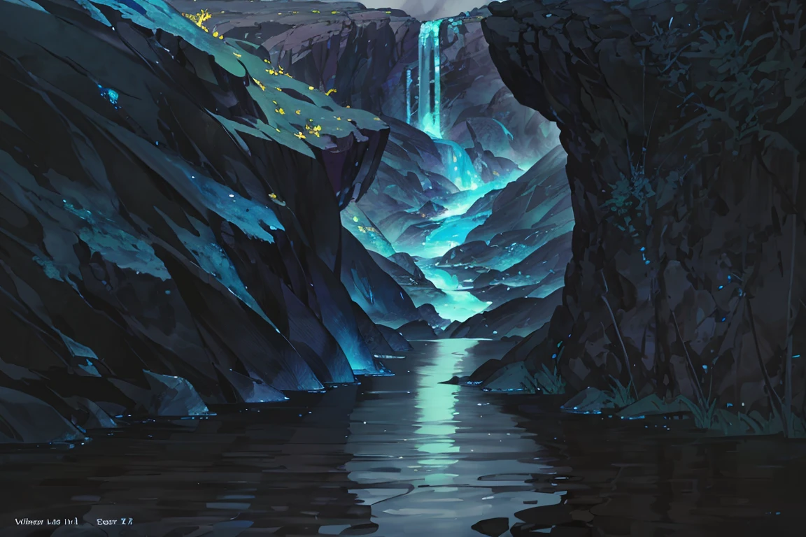 summer, blue lava rock area, blue lava rock, (illustration : 1.0), Narrative construction, realistic lighting, HD detail, masterpiece, best quality best, (Highly detailed CG integrated 8k wallpaper), wide and flat rocky area, small, sharp, rough rock at top of screen., Blue liquid flowing through a crevice in the rock,
