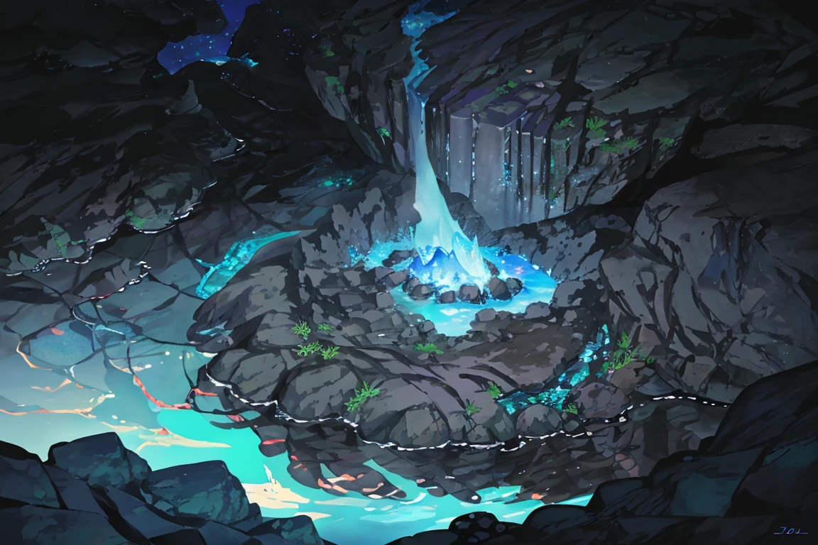 summer, blue lava rock area, blue lava rock, (illustration : 1.0), Narrative construction, realistic lighting, HD detail, masterpiece, best quality best, (Highly detailed CG integrated 8k wallpaper), wide and flat rocky area, small, sharp, rough rock at top of screen., Blue liquid flowing through a crevice in the rock,