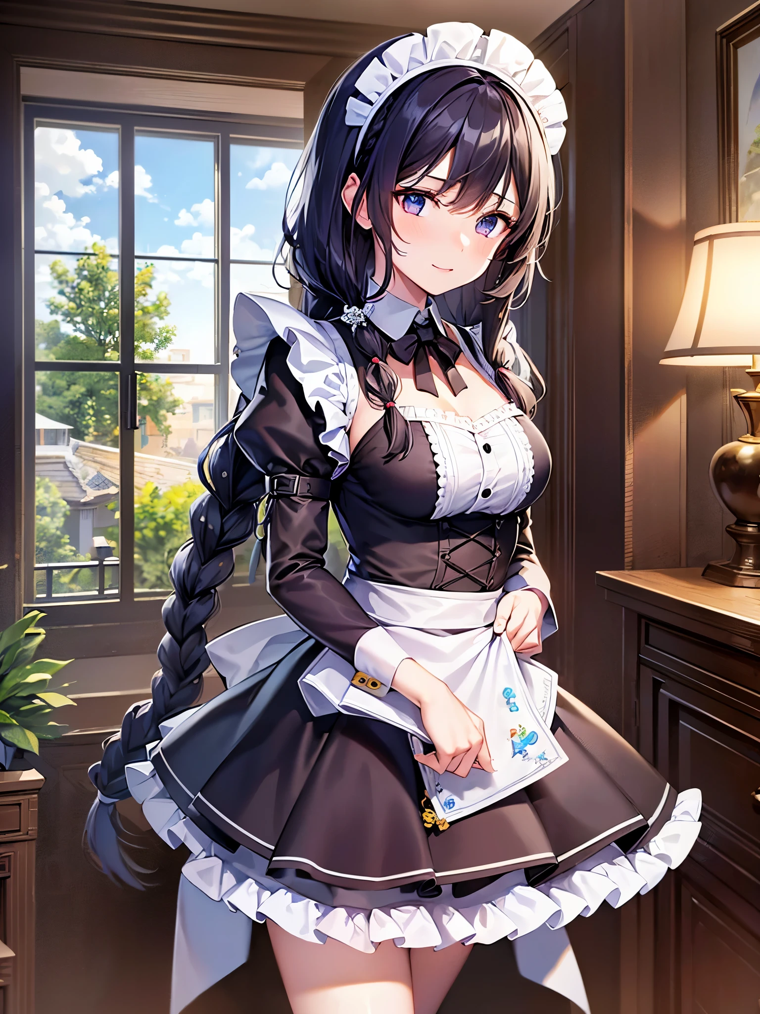 ((Highest quality)),(Ultra-high resolution),(Ultra-detailed new),(Detailed Description),((The best CG)),(masterpiece),Highly detailed art,A wonderful new art form,(Art with precise details:1.5), (Maid:1.7),(Cheerful:1.4),(Two braided long hair:1.6),(クラシカルMaid服:1.3), antique:1.3,Solemn:1.1, Soft Light:1.6,