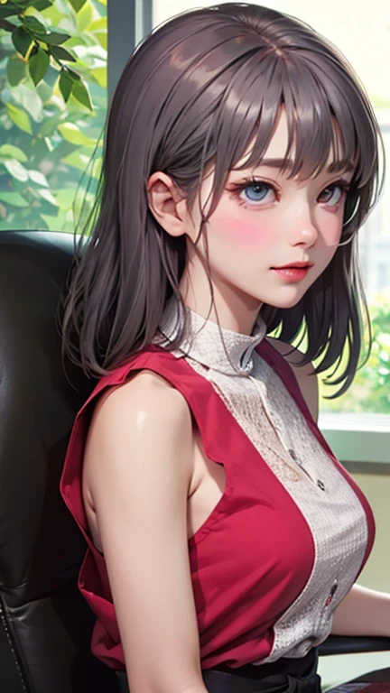 blush a little and smile, (Top quality masterpiece:1.2) Delicate illustrations, Very detailed, /Beautiful Japanese Women、1 person,Very cute and slim、Great style 、((8K images、super high quality))、Very delicate face, Skin and Hair、beautifule forehead、Red lipstick、(((((Mid-length hair、Silver Hair))))),Very cute Japanese cut face、Eyes and nose are clearly visible、Kind eyes,((((Sleeveless fashion))))