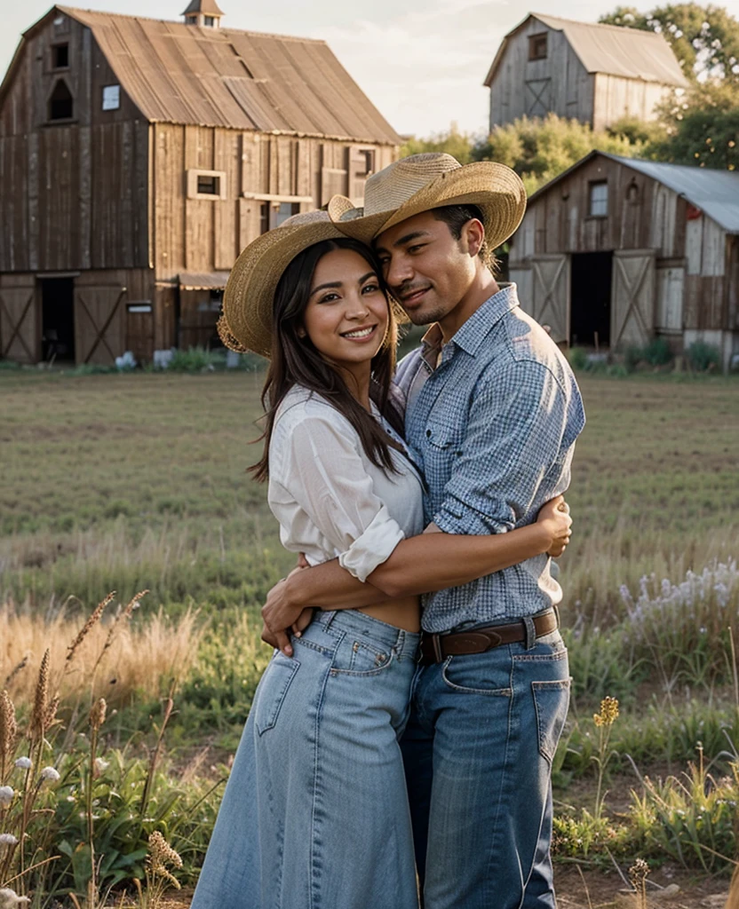 Latino couple in country clothes and cowboy hats hugging each other in a field whit barn in background full body
