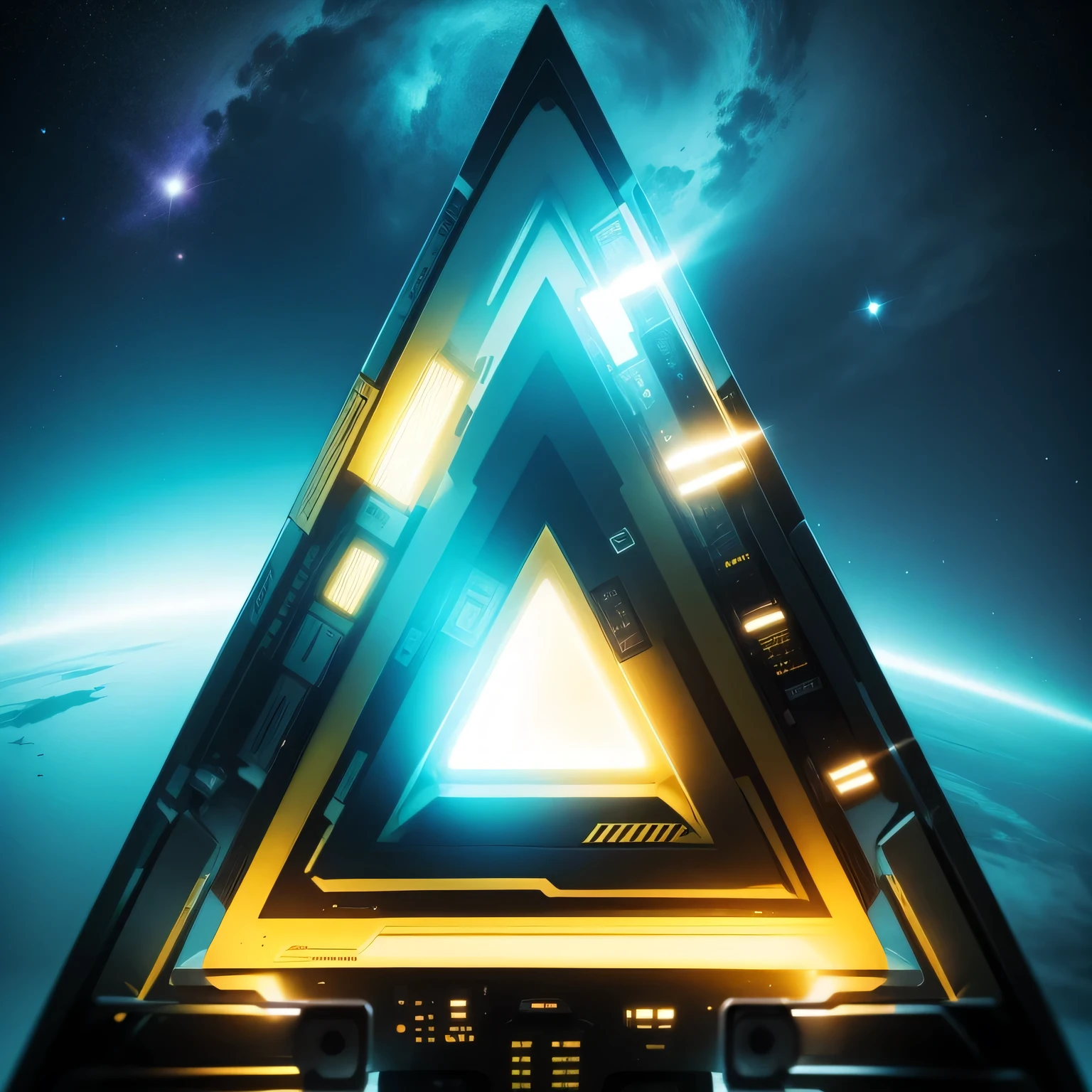 black and yellow coloured lights, yellow colour in the middle, yellow colour in the middle, yellow colour in the middle, triangle shaped spaceship in space, 1080, high resolution, focused every wear