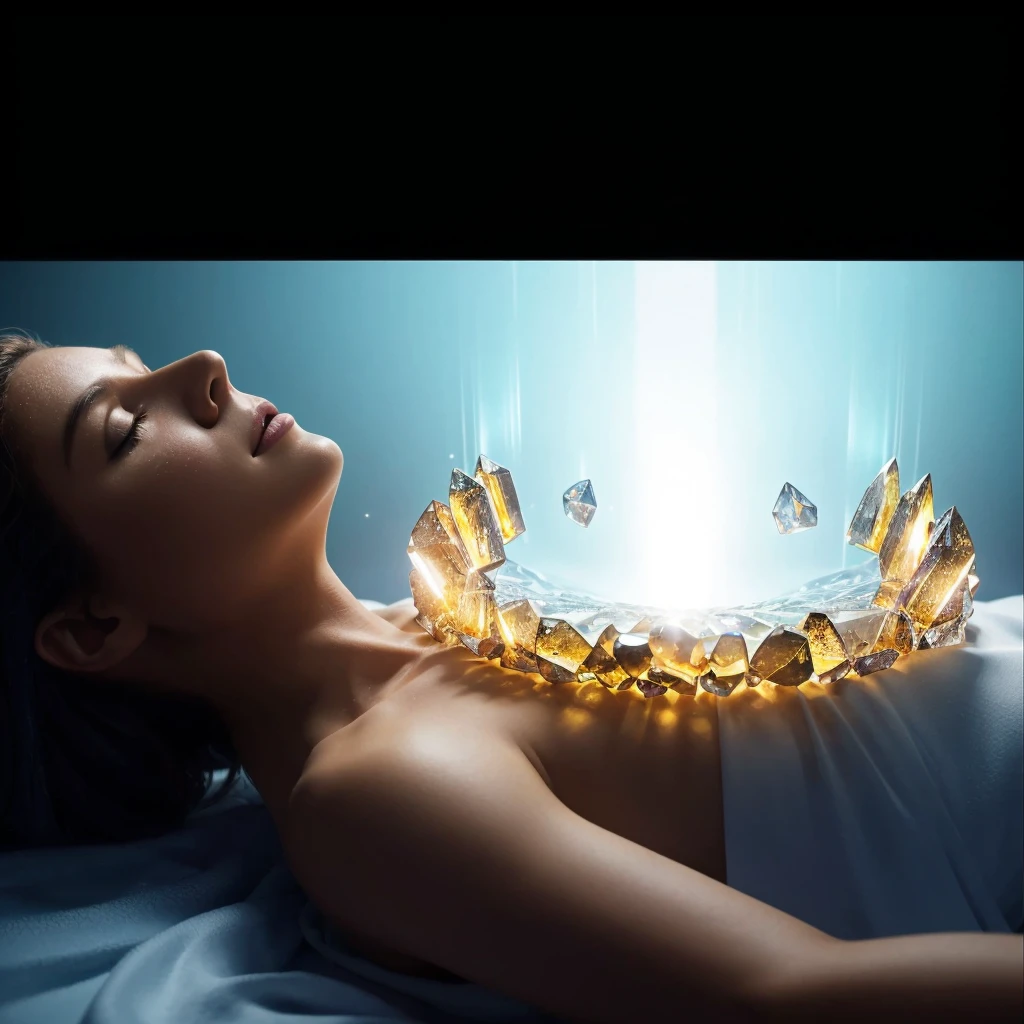 Very real image. From the chest a portal opens, a powerful light blue light emerges from there, around the opening very light amber crystals emerge forming a circle, these crystals are very bright, they radiate a warm light. Photorealism, full view, highly detailed image, very realistic, hyperrealism, Ultra HD, 8k, 5, sharp focus,intricate and mysterious masterpiece. (Long exposure photography Very detailed close-up portrait artistic illustration: final quality, medium shot, backlight, Rich and striking. Enigmatic and mysterious manipulations (composition of the rule of thirds), ((detailed environment with strong lines) The best quality, in camera, white light, warm and clean aesthetics, dazzling screen composed of millions of brilliant ultraviolet rays, HDR.