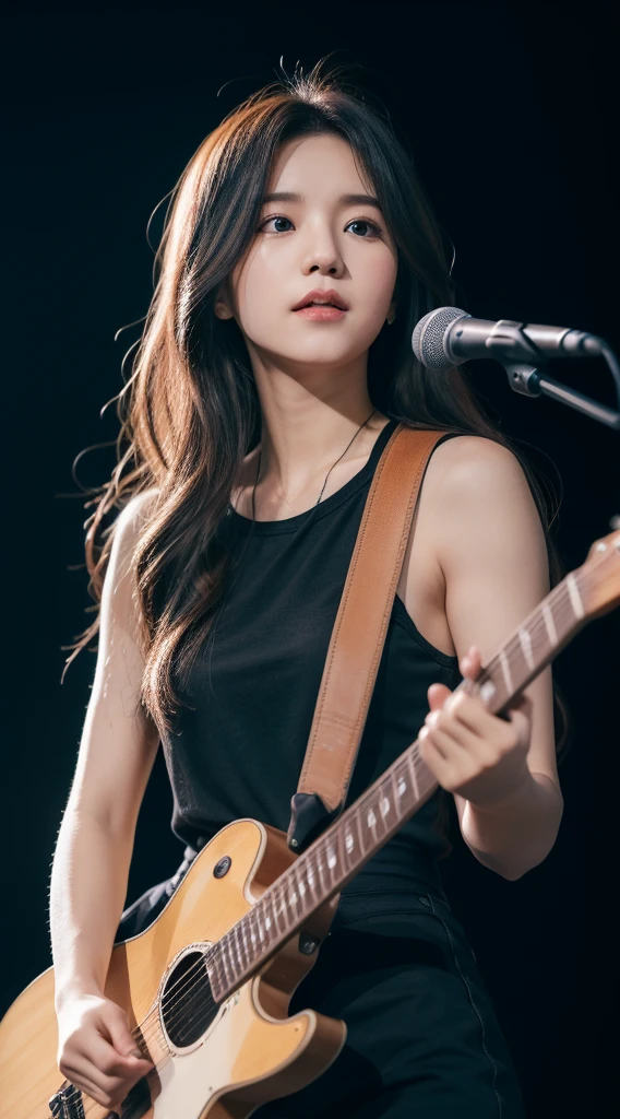 1girl korean,  portrait,  bokeh,  masterpiece,  natural light,  accurate,  anatomically correct,  textured skin,  front lighting,  f/1.8,  90mm,  Fujifilm GFX 50R,  regina display,  super detail,  high details,  high quality,  best quality,  highres,  UHD,  1080P,  HD,  4K,  8K,  wavy hair,  Guitar Heroine,  let's rock,  solo singer,  (looking at viewer:1.2), stage light,