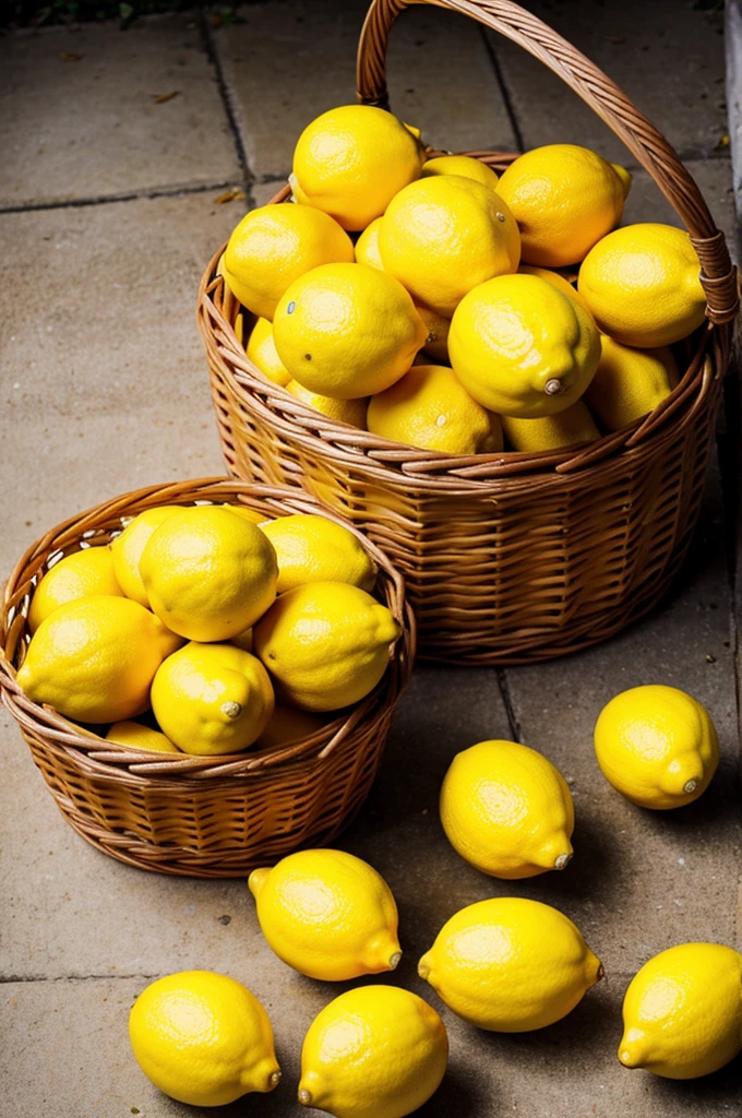 A bright, smiling sun in the sky with rays spreading out, and a basket full of fresh yellow lemons underneath