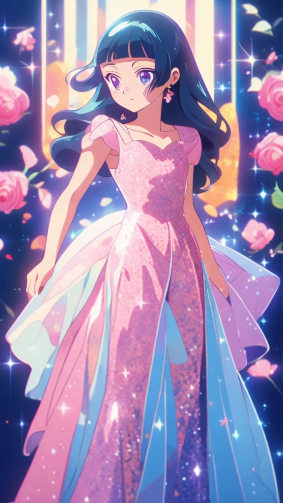 girl wearing a Rose sundress, tight, simple anime style
Woman. Flower drawing on sequin overalls. Glossy white lips with sequins. Blunt bangs, Pink hair, long hair, blue eyes, solo, more prism, vibrant color,