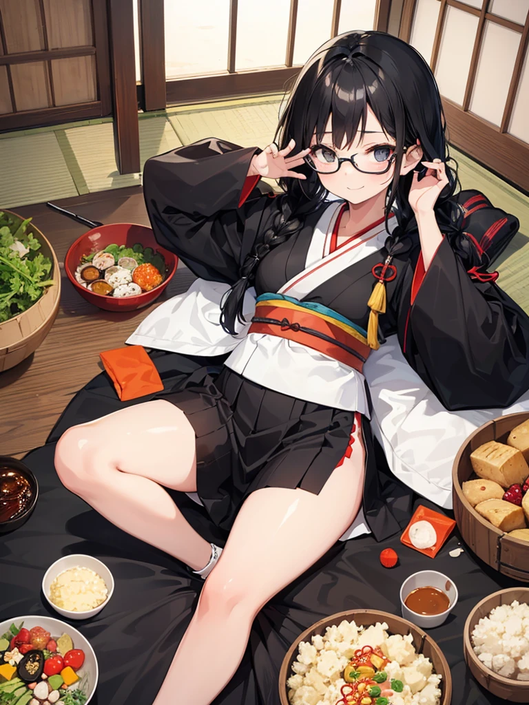 One girl,alone,black eye,Black Hair,Glasses、Braided in front,smile,whole body,foot,Small breasts,Japanese traditional clothing,Mini Girl, In the food,In the container,It&#39;s in a bowl,soup, Buckwheat,no,meat,green onion,Partially submerged,sweet,vapor,Japanese Background,No shoes,Eat from a bowl with chopsticks, Torii gate in the background