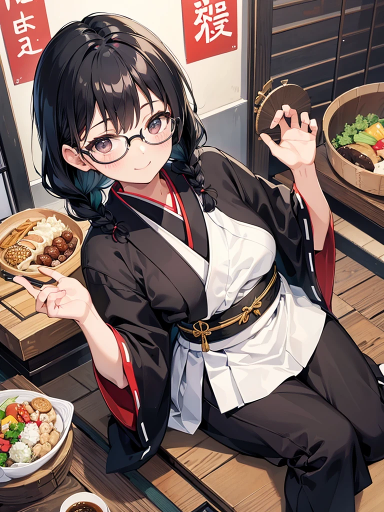 One girl,alone,black eye,Black Hair,Glasses、Braided in front,smile,whole body,foot,Small breasts,Japanese traditional clothing,Mini Girl, In the food,In the container,It&#39;s in a bowl,soup, Buckwheat,no,meat,green onion,Partially submerged,sweet,vapor,Japanese Background,No shoes,Eat from a bowl with chopsticks, Torii gate in the background