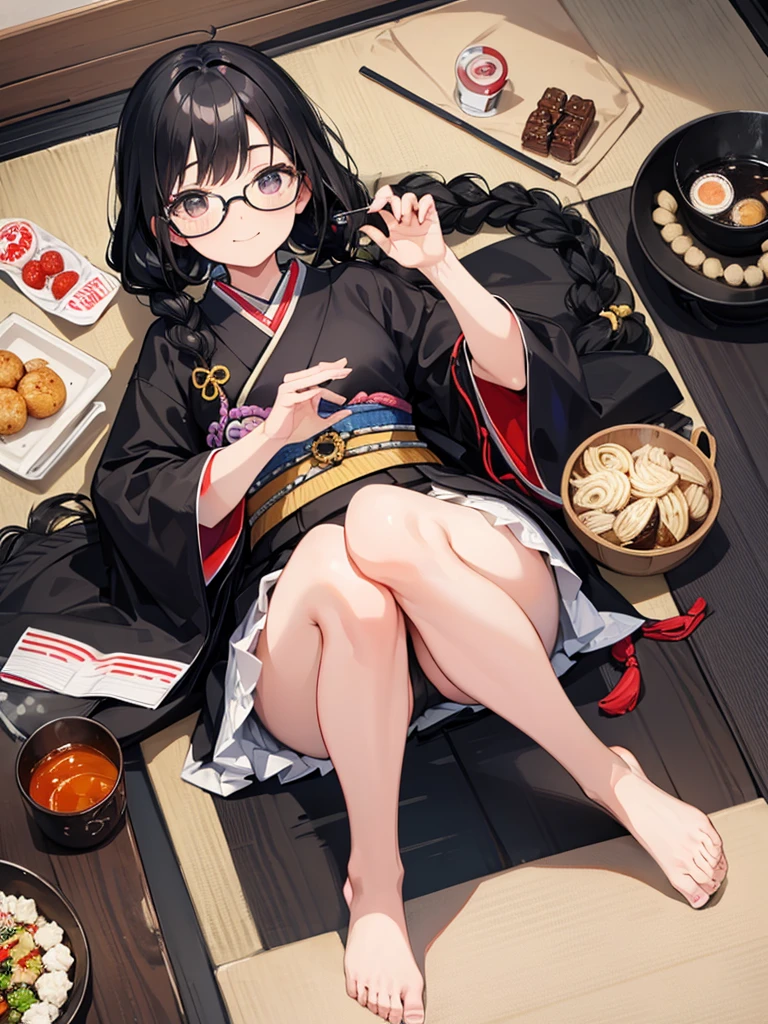 One girl,alone,black eye,Black Hair,Glasses、Braided in front,smile,whole body,foot,Small breasts,Japanese traditional clothing,Mini Girl, In the food,In the container,It's in a bowl,soup, Buckwheat,no,meat,green onion,Partially submerged,sweet,vapor,Japanese Background,No shoes,Eat from a bowl with chopsticks, Torii gate in the background