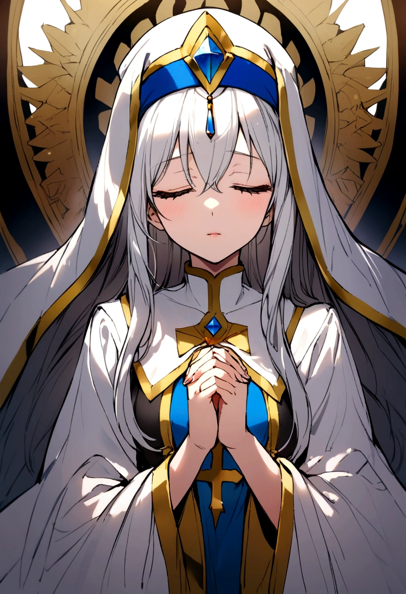 praying priestess with eyes closed with tattered white robes