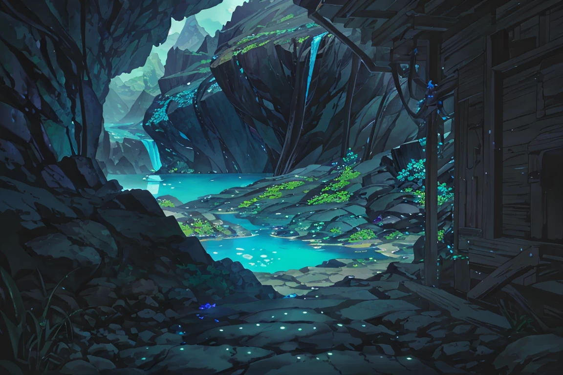 summer, blue lava rock area, blue lava rock, (illustration : 1.0), Narrative construction, realistic lighting, HD detail, masterpiece, best quality best, (Highly detailed CG integrated 8k wallpaper), wide and flat rocky area, small, sharp, rough rock at top of screen., Blue liquid flowing through a crevice in the rock,