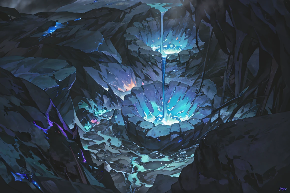 summer, blue lava rock area, blue lava rock, (illustration : 1.0), Narrative construction, realistic lighting, HD detail, masterpiece, best quality best, (Highly detailed CG integrated 8k wallpaper), wide and flat rocky area, small, sharp, rough rock at top of screen., Blue liquid flowing through a crevice in the rock,