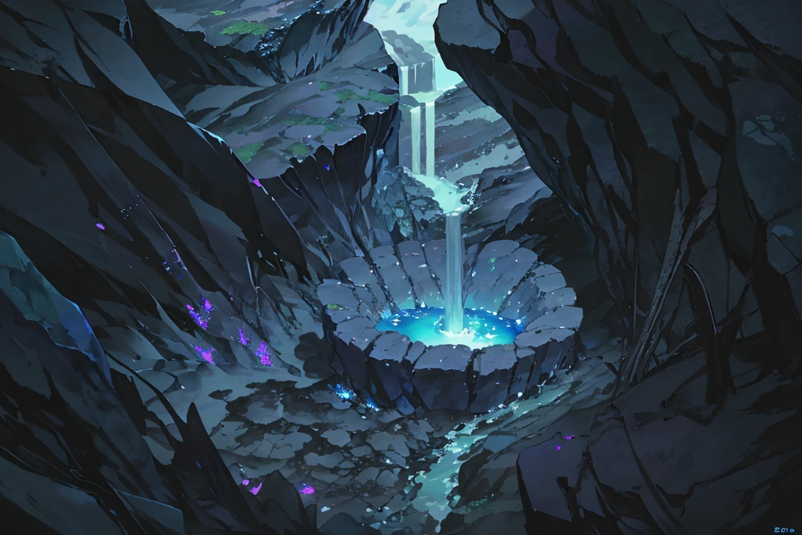 summer, blue lava rock area, blue lava rock, (illustration : 1.0), Narrative construction, realistic lighting, HD detail, masterpiece, best quality best, (Highly detailed CG integrated 8k wallpaper), wide and flat rocky area, small, sharp, rough rock at top of screen., Blue liquid flowing through a crevice in the rock,