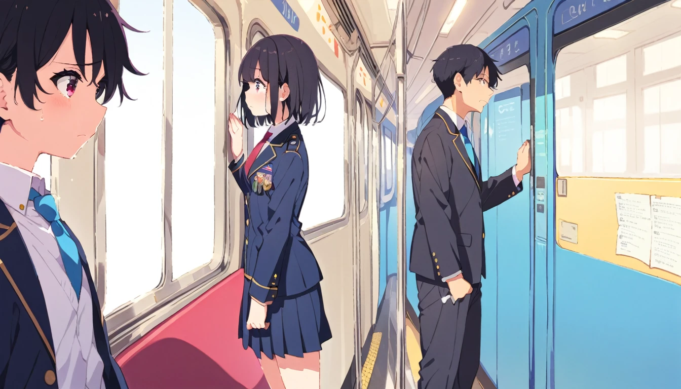 A middle-aged molester is touching the lower body of a crying girl with short black hair and small breasts, wearing a blazer and uniform, who is standing upright on a train.、From head to toe