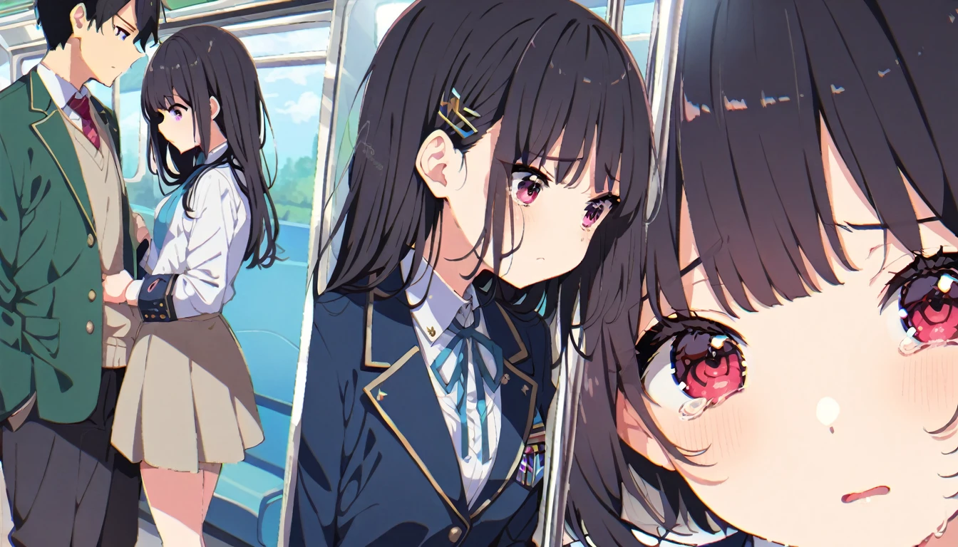 A middle-aged molester is touching the lower body of a crying girl with short black hair and small breasts, wearing a blazer and uniform, who is standing upright on a train.、From head to toe