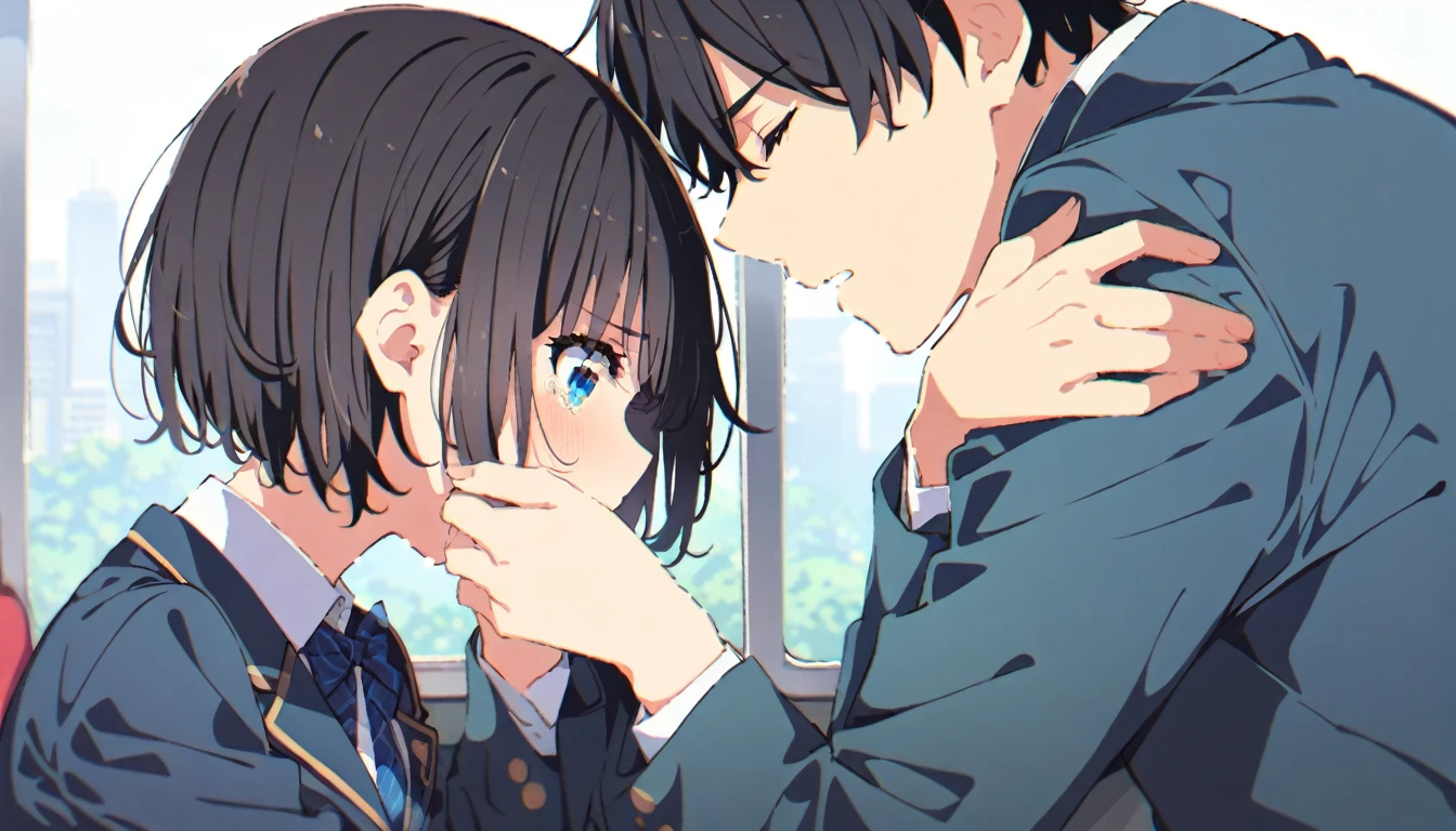 (32K:1.9, Realistic:1.9, Highest quality, masterpiece, Ultra-high resolution), Perfect dynamic composition, Highly detailed skin and facial textures:1.3, Detailed eyes, Detailed limbs, (Cute sexy slim Japanese schoolgirl, expensive、Slim Japanese high school student), Fair skin, ((Clarity:1.1)), ((Man is anime「Demon slayer」Cosplaying as Douma)), (The girls wear a blazer uniform with a red tie.),  (A high school student is carrying a high school student:1.5), (Cunning Smile:0.9, Totally captivates you:0.9), (beautiful Blue Eyes, beautiful, Clear Eyes:0.8), Sexy Face:0.4, blush:1.1, (beautifulエロティシズムを醸し出す雰囲気:0.8), She has her hair tied in a ponytail, Professional random camera work, Cinematic Lighting Effects, ((Full Body Shot)), ((Too erotic:0.9)) , romantic, mysterious, Object of admiration, original, dramatic, artistic, Innovative, charm, Heartful, Fancy, Tilt, sense of loss, special, exciting, Extreme, sense of openness, joy, joyの表現, ((若さのcharm, 女性的なcharm))