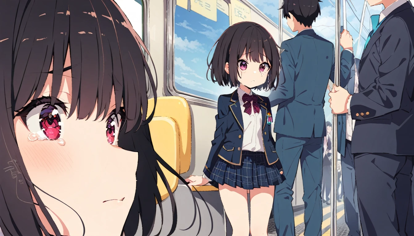 A middle-aged molester is touching the lower body of a crying girl with short black hair and small breasts, wearing a blazer and uniform, who is standing upright on a train.、From head to toe