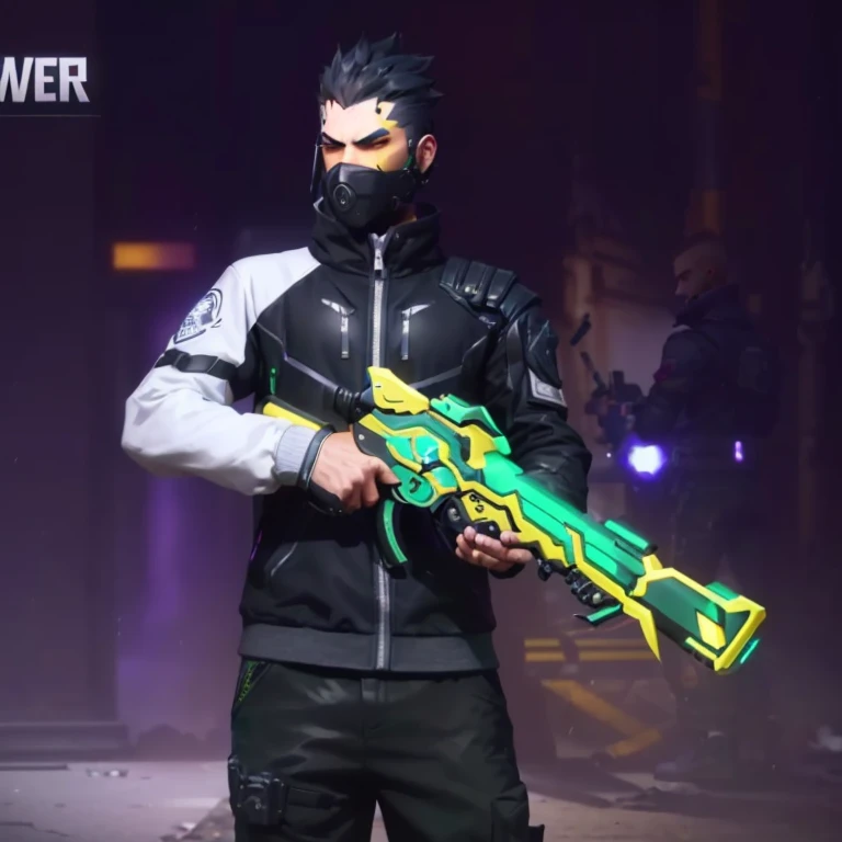 arafed man in a black jacket holding a green and yellow weapon, 3D character, new character, holding ego weapons, cyberpunk street goon, character reveal, as a freefire character, as an overwatch character, from overwatch, holding flamethrower, glaive, sigma from overwatch, as overwatch character, omen from valorant, fortnite character, the grim reapper