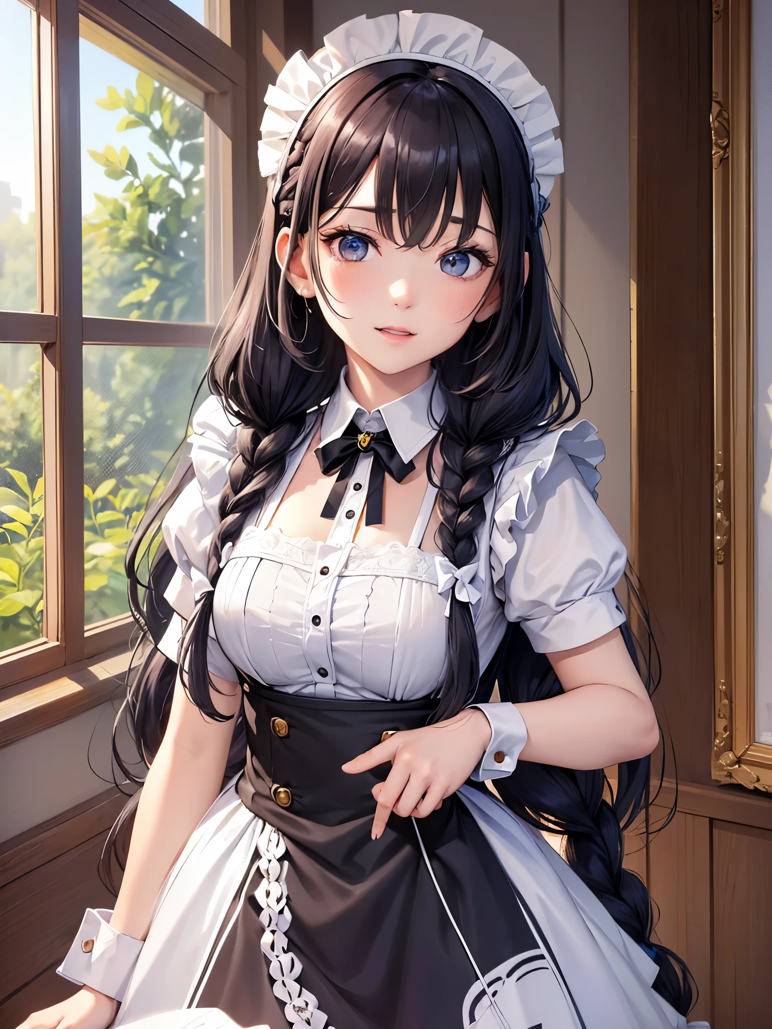 ((Highest quality)),(Ultra-high resolution),(Ultra-detailed new),(Detailed Description),((The best CG)),(masterpiece),Highly detailed art,A wonderful new art form,(Art with precise details:1.5), (Maid:1.7),(Cheerful:1.4),(Two braided long hair:1.6),(クラシカルMaid服:1.3), antique:1.3,Solemn:1.1, Soft Light:1.6,