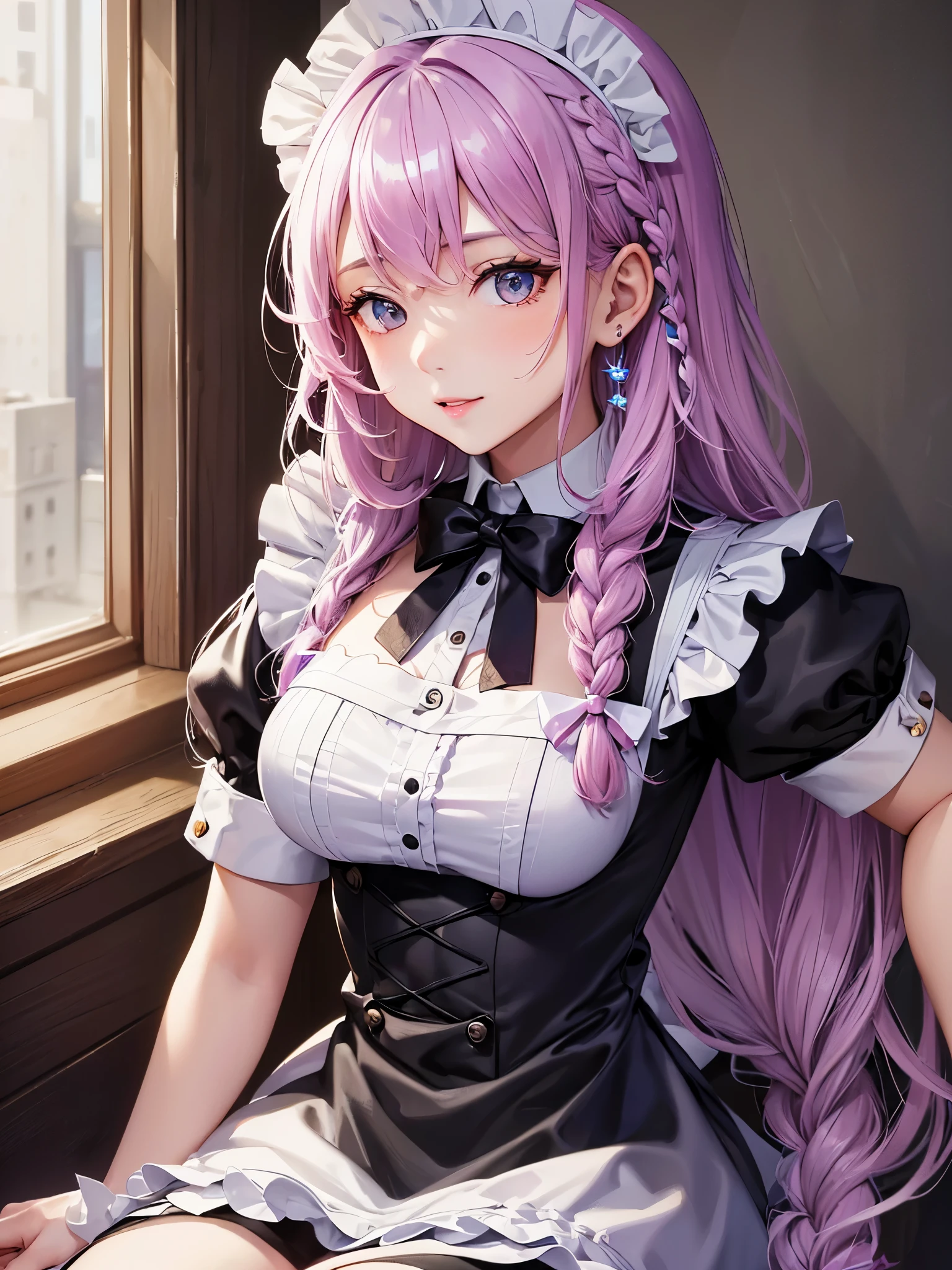 ((Highest quality)),(Ultra-high resolution),(Ultra-detailed new),(Detailed Description),((The best CG)),(masterpiece),Highly detailed art,A wonderful new art form,(Art with precise details:1.5), (Maid:1.7),(Cheerful:1.4),(Two braided long hair:1.6),(クラシカルMaid服:1.3), antique:1.3,Solemn:1.1, Soft Light:1.6,