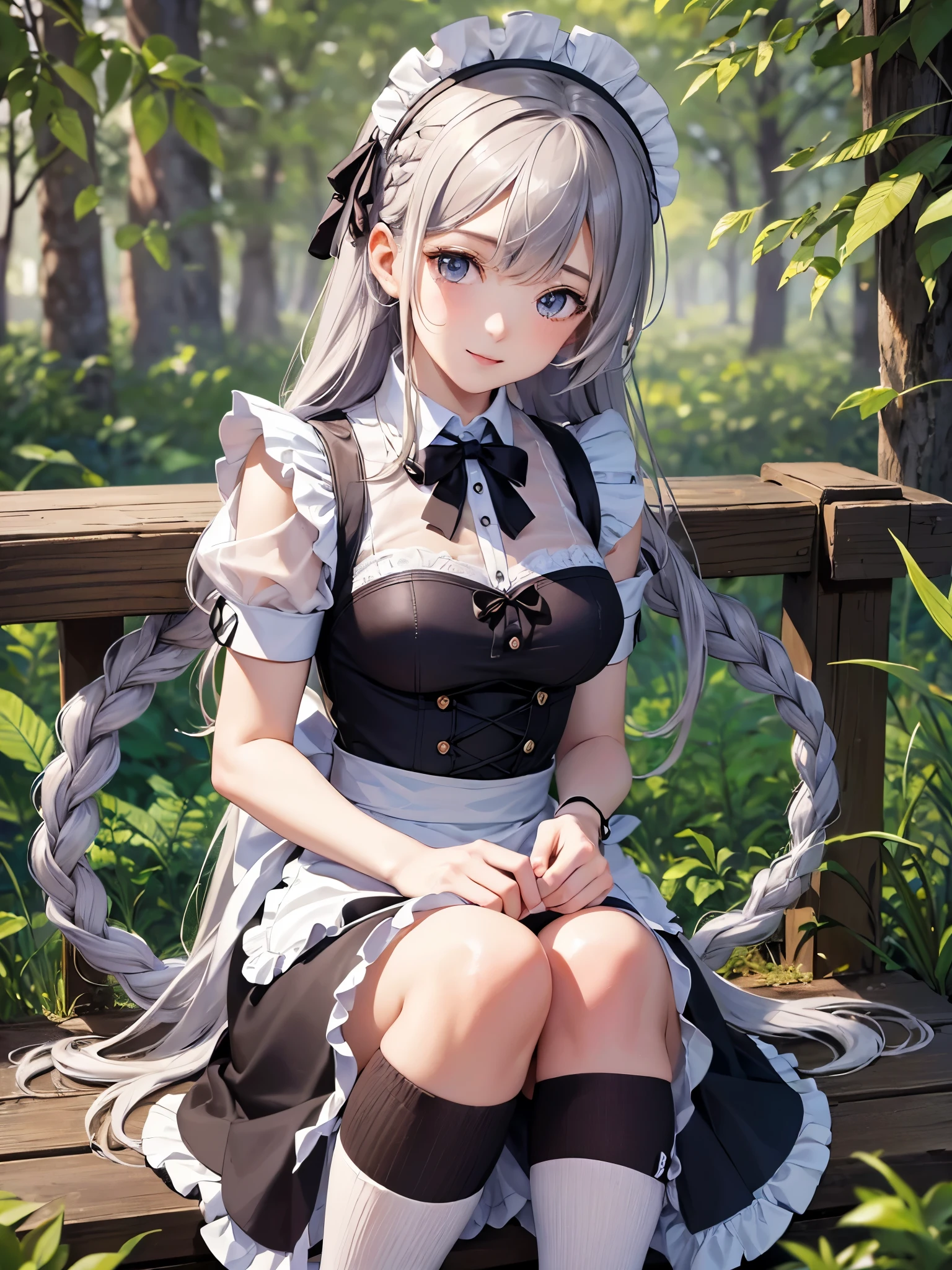 ((Highest quality)),(Ultra-high resolution),(Ultra-detailed new),(Detailed Description),((The best CG)),(masterpiece),Highly detailed art,A wonderful new art form,(Art with precise details:1.5), (Maid:1.7),(Cheerful:1.4),(Two braided long hair:1.6),(クラシカルMaid服:1.3), antique:1.3,Solemn:1.1, Soft Light:1.6,