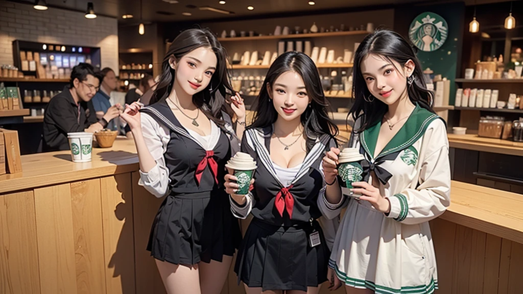8K、RAW Photos、Highest quality、Super detailed、Super Resolution、Ultra HD、8K壁紙、Amazing details
(((Inside the Starbucks store、16 year old high school girl in sailor suit)))、Eat cake、Drink coffee、smile、Heart Necklace((Emphasize cleavage))
(Full body photo)