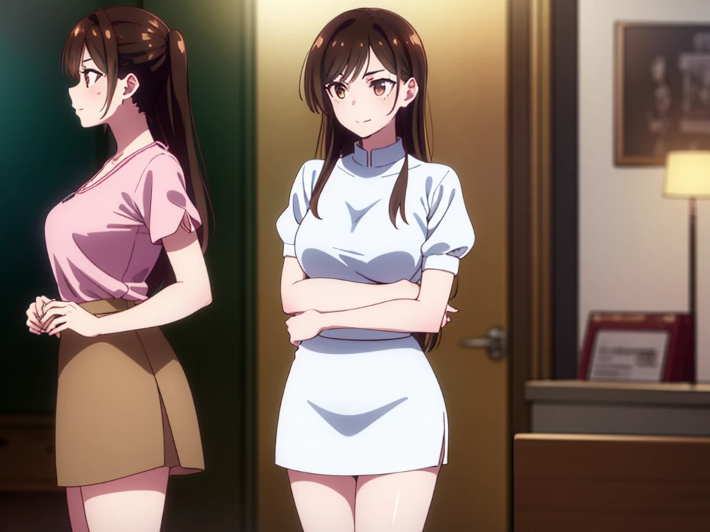 mizuharachizuru, chizuru ichinose, ((long hair)), bangs, brown hair, (brown eyes:1.5), one side up, smile, (clonealike:2), 5+girls, multiple identical girls, large breasts, thighs, shiny legs, 
BREAK skirt, shirt, short sleeves, puffy sleeves, puffy short sleeves, white skirt, white short, pink shirt, white low socks, brown low shoes, 
BREAK indoors, boutique outlet shop, crowd, people,
BREAK asking for bikini swimsuit clothes prices with the clerk, (cowboy shot:1.5),
BREAK (masterpiece:1.2), best quality, high resolution, unity 8k wallpaper, (illustration:0.8), (beautiful detailed eyes:1.6), extremely detailed face, perfect lighting, extremely detailed CG, (perfect hands, perfect anatomy), seductive appearance and posture, ((full body)), ((standing)), profile, crossed arms under breasts 