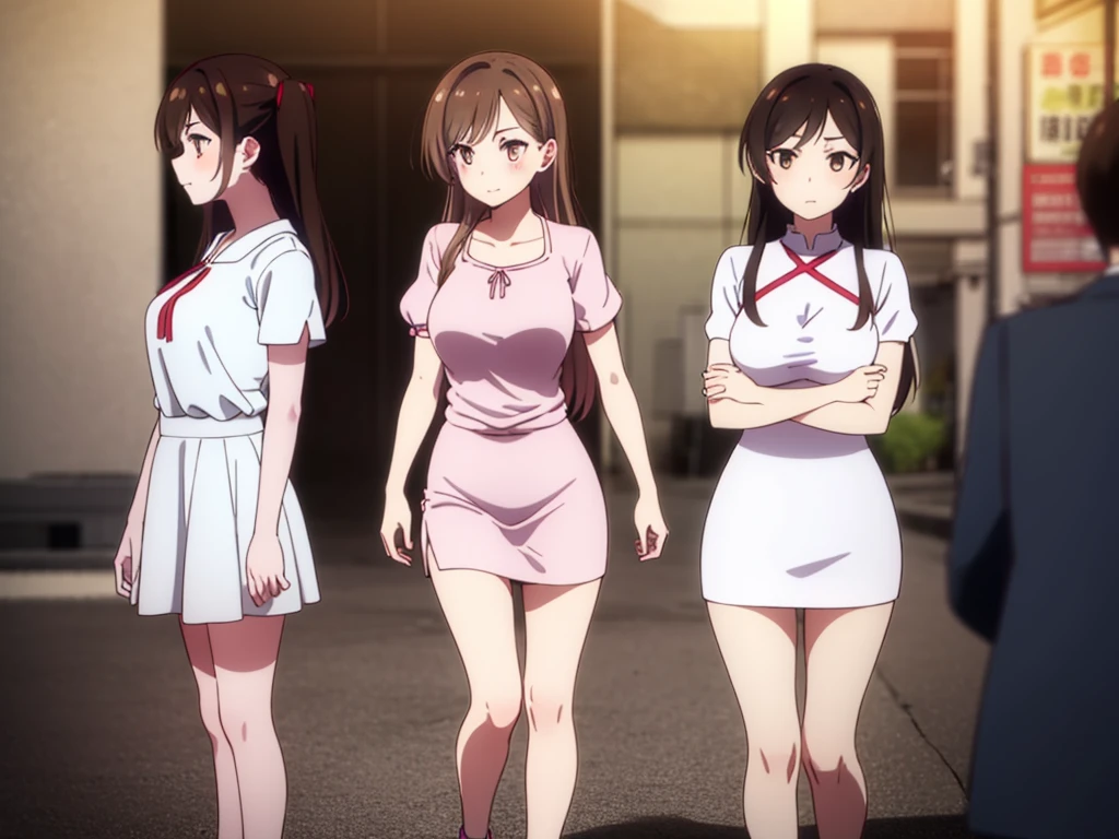 mizuharachizuru, chizuru ichinose, ((long hair)), bangs, brown hair, (brown eyes:1.5), one side up, smile, (clonealike:2), 5+girls, multiple identical girls, large breasts, thighs, shiny legs,
BREAK skirt, shirt, short sleeves, puffy sleeves, puffy short sleeves, white skirt, white short, pink shirt, white low socks, brown low shoes,
BREAK indoors, boutique outlet shop, crowd, people,
BREAK asking for bikini swimsuit clothes prices with the clerk, (cowboy shot:1.5),
BREAK (masterpiece:1.2), best quality, high resolution, unity 8k wallpaper, (illustration:0.8), (beautiful detailed eyes:1.6), extremely detailed face, perfect lighting, extremely detailed CG, (perfect hands, perfect anatomy), seductive appearance and posture, ((full body)), ((standing)), profile, crossed arms under breasts