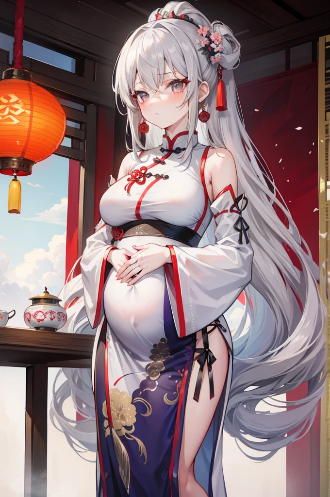 Bronya Peak, 1 Girl, Solitary, earrings, Long hair, Gray hair,  Drilling hair, Gray eyes,  Oriental Architecture, Asian Architecture,  Chinese clothing, Lantern's, China costume，Pregnant