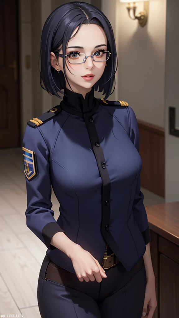 Beautiful young girl with blue short hair, A light smile, Brown eyes, hair clips, lips, Stud earrings, Semi-rimless eyewear, , Big butt but small breasts, (Highest quality,4K,8K,High resolution,masterpiece:1.2),Very detailed,(Realistic,photoRealistic,photo-Realistic:1.37),Very detailed顔, Very detailed目と顔, Long eyelashes, Beautiful attention to detail, beautiful detailed lips, Concept Art, Cinema Lighting, Vibrant colors, a beautiful girl in military uniform,short wavy hair,glasses,busty,detailed face,beautiful eyes,beautiful lips,highly detailed,photorealistic,8K,masterpiece,studio lighting,dynamic pose,intricate details,dramatic lighting,cinematic atmosphere,vibrant colors,elegant,powerful,confident