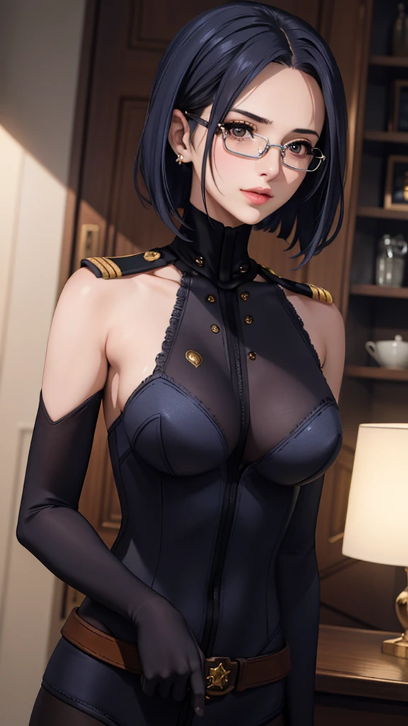 a beautiful young girl with short blue hair, a light smile, brown eyes, hair clips, lips, stud earrings, semi-rimless eyewear, wearing a glossy blue bodysuit, with a large buttocks and large breasts, (best quality,4k,8k,highres,masterpiece:1.2),ultra-detailed,(realistic,photorealistic,photo-realistic:1.37),highly detailed face, extremely detailed eyes and face, long eyelashes, beautiful detailed eyes, beautiful detailed lips, concept art, cinematic lighting, vibrant colors, hyper-realistic
