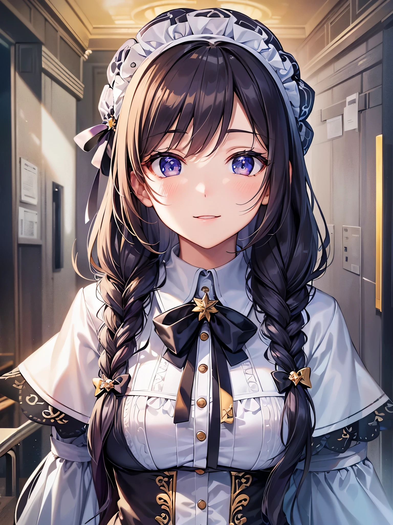 ((Highest quality)),(Ultra-high resolution),(Ultra-detailed new),(Detailed Description),((The best CG)),(masterpiece),Highly detailed art,A wonderful new art form,(Art with precise details:1.5), (Maid:1.7),(Cheerful:1.4),Two braided long hair:1.6,